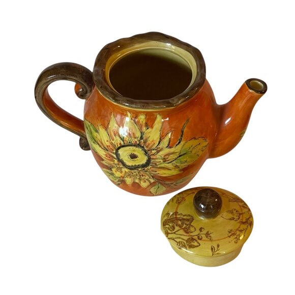 Maxera Teapot Orange Rooster Sunflower Ruffled Hand Painted Pottery Retired - Picture 5 of 10